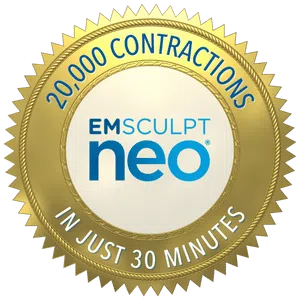 A badge showing the benefits of Emsculpt NEO treatment at Wellnessesity.