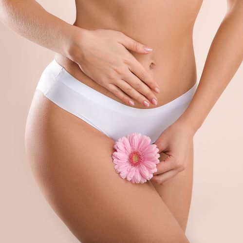 A white bathing suit-clad woman's body holding a flower in her underwear.
